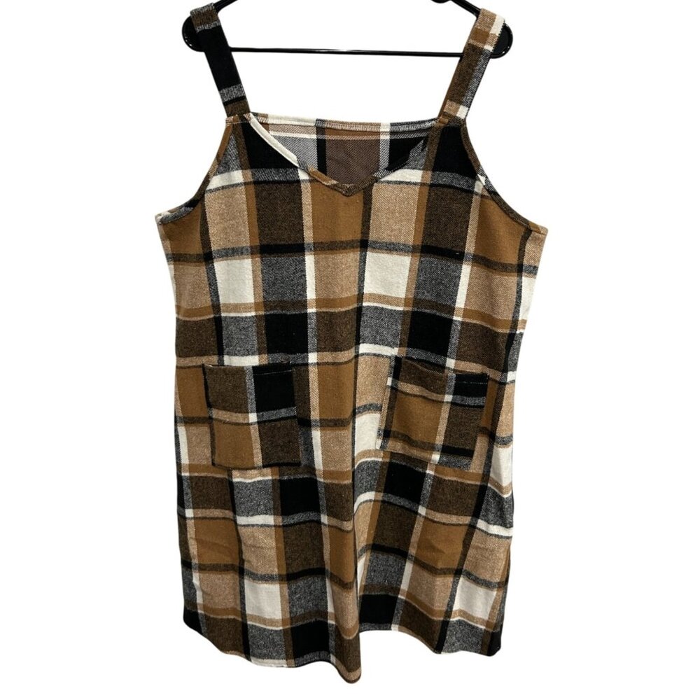 Sleeveless Plaid Pinafore Dress Pockets Brown Black Jumper Sz 1XL